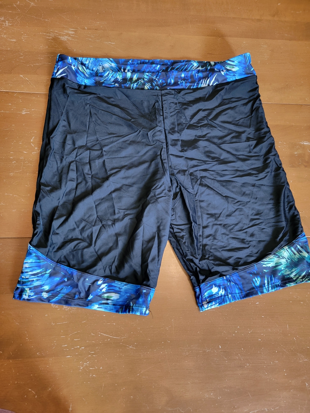 Women's Black Long Bike Swim Shorts with Blue Patterned Trim Plus Size 26
